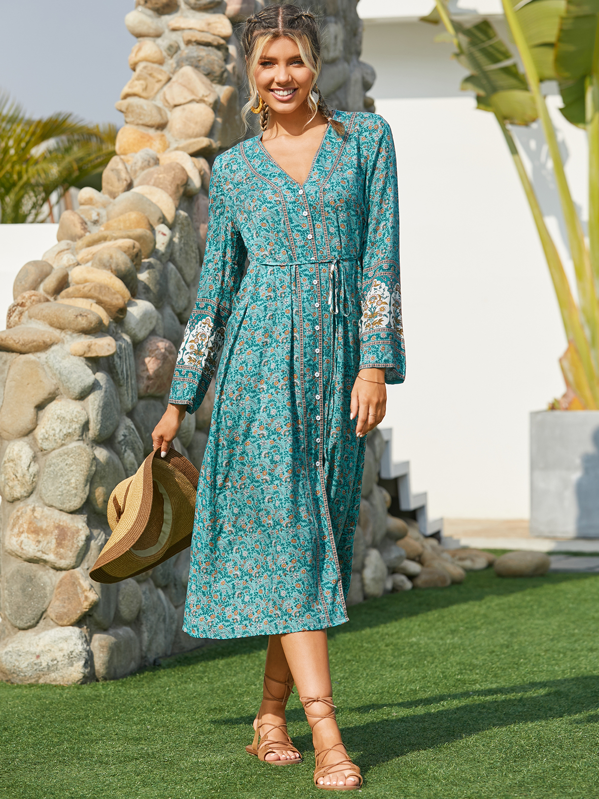 YOINS Tribal Calico Belt Design Front Button Long Sleeves Maxi Dress