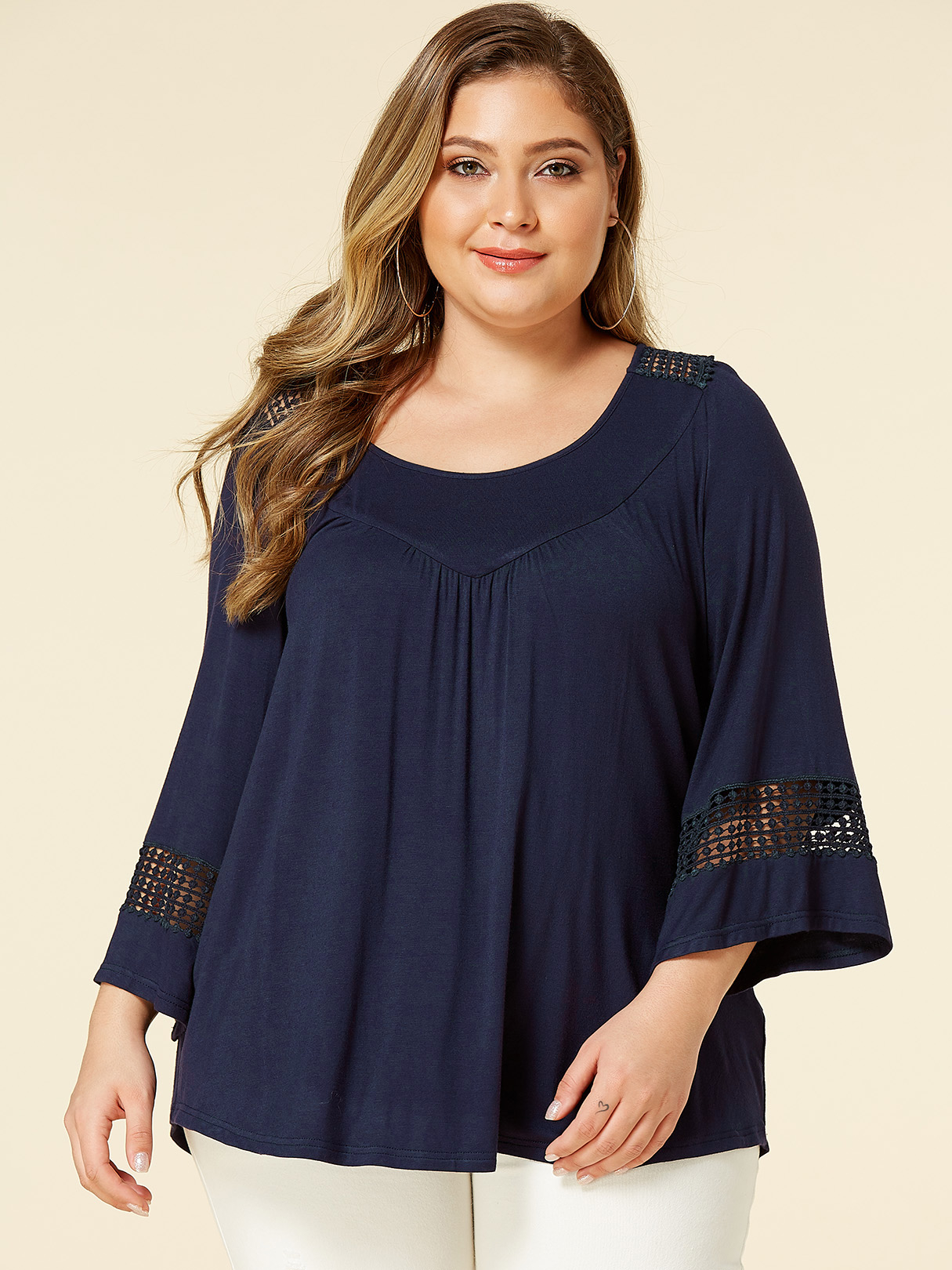 YOINS Plus Size Navy Hollow Design Round Neck Long Sleeves Blouse