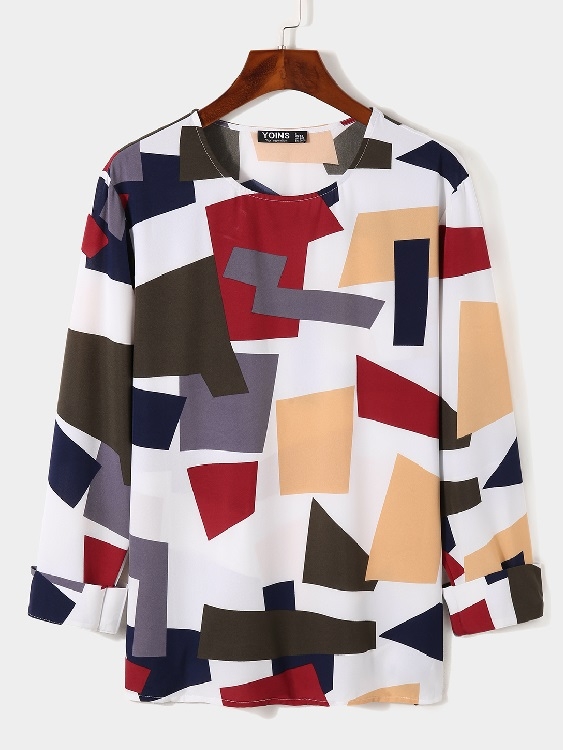 Men Casual Color Block Random Geometric Print Multicolor T-Shirt