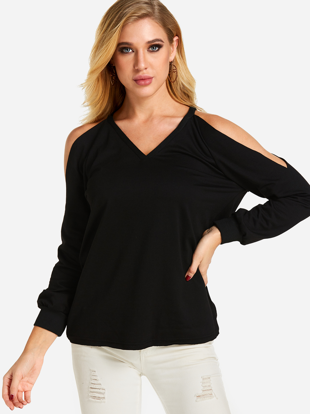 Black Plain Cold Shoulder Long Sleeves T-shirt