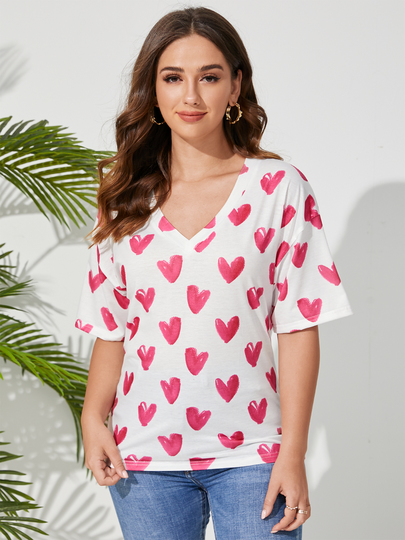 YOINS White Heart Print V-neck Short Sleeves Tee
