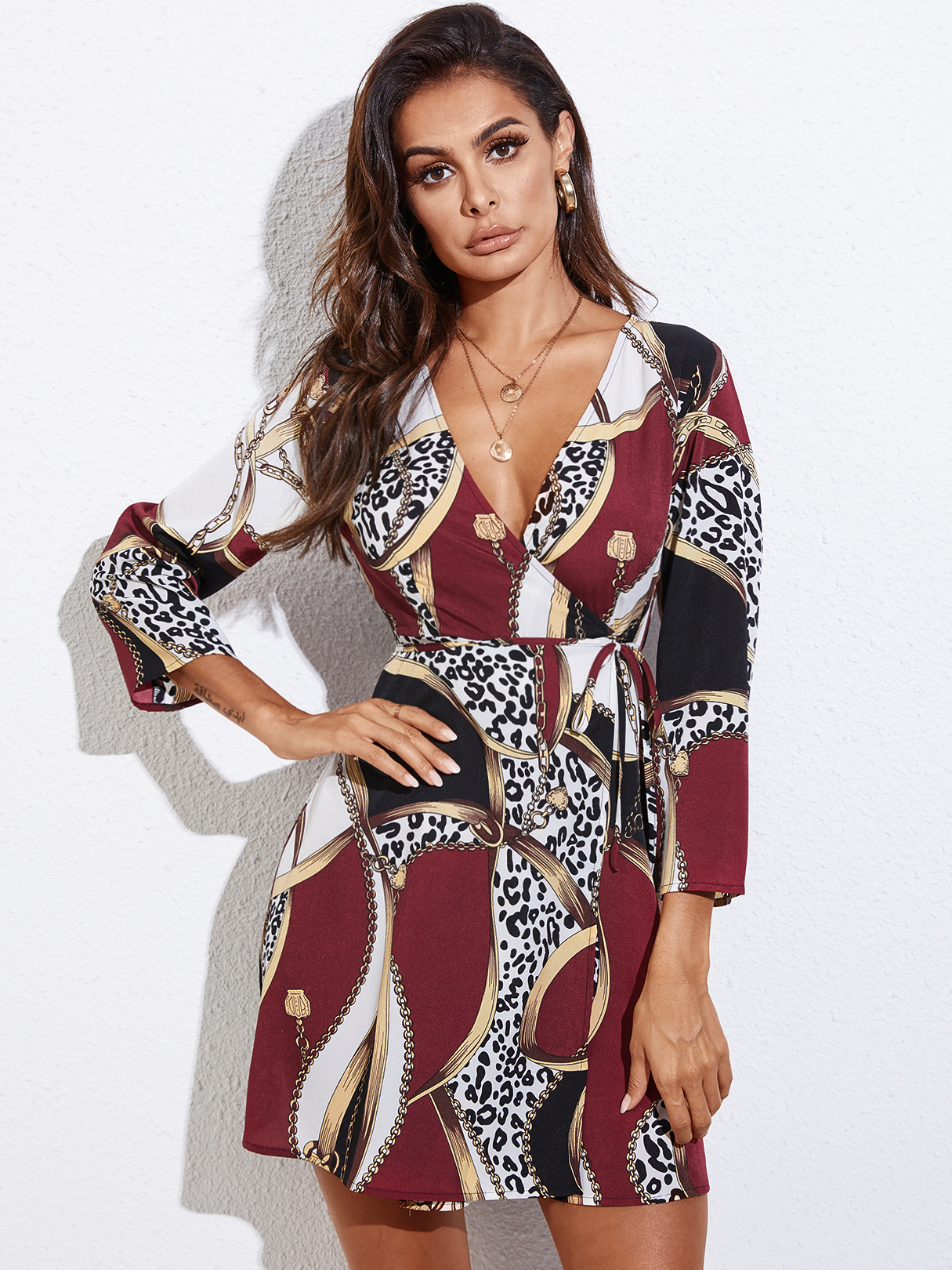 YOINS Burgundy Belted Wrap Design Scarf Print Deep V Neck Long Sleeves Dress