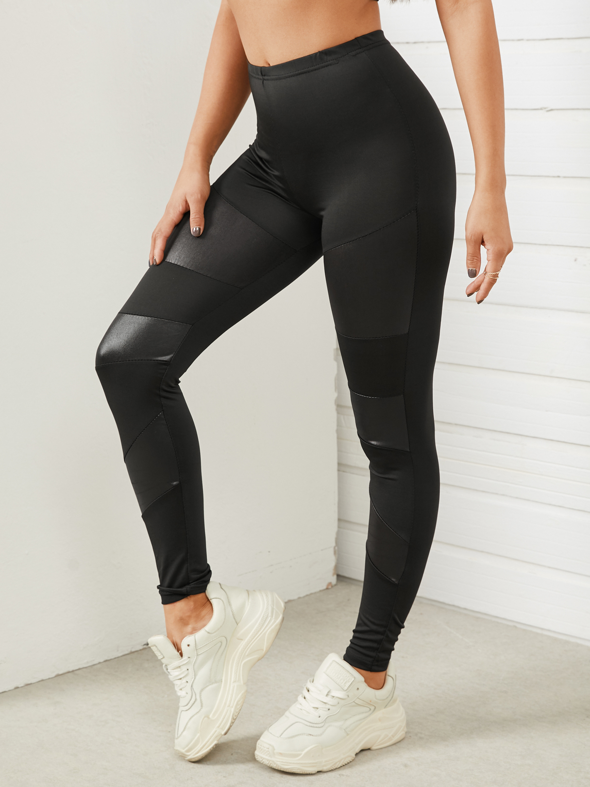 Black Patch Faux Leather Leggings