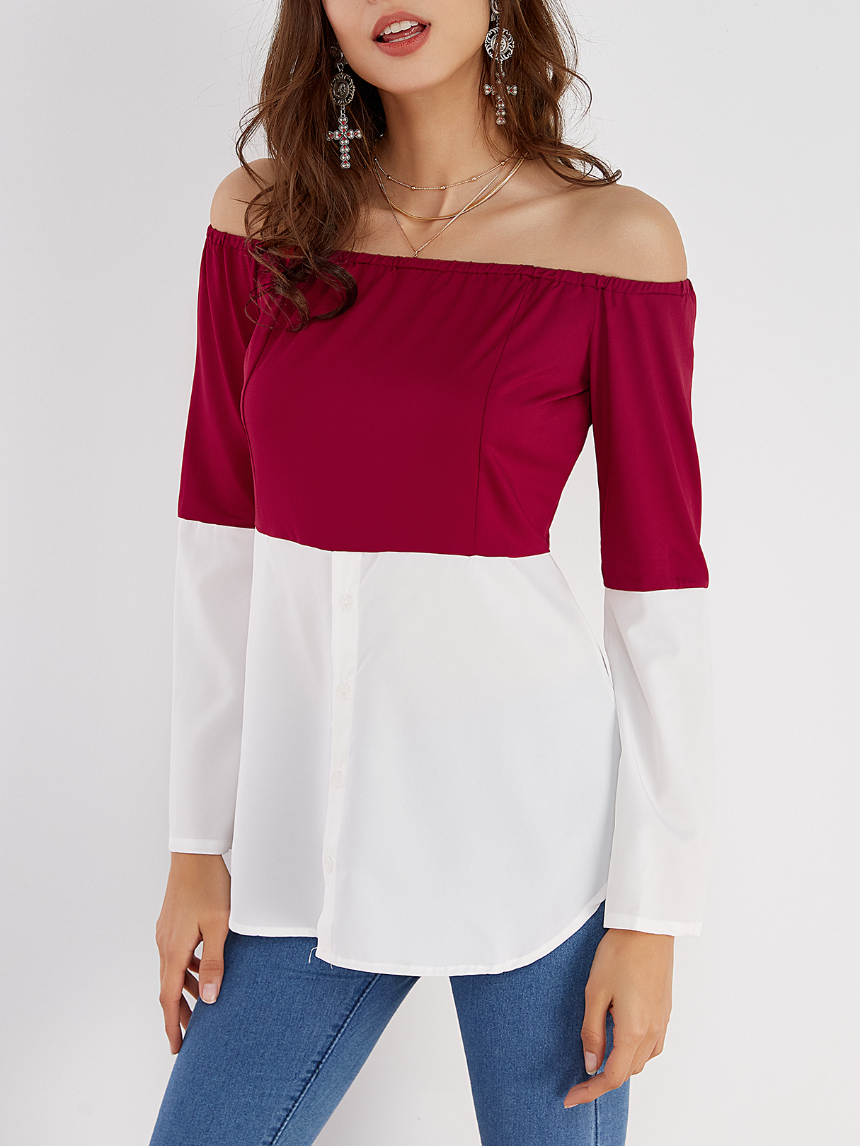 Burgundy & White Off Shoulder Long Sleeves T-shirt