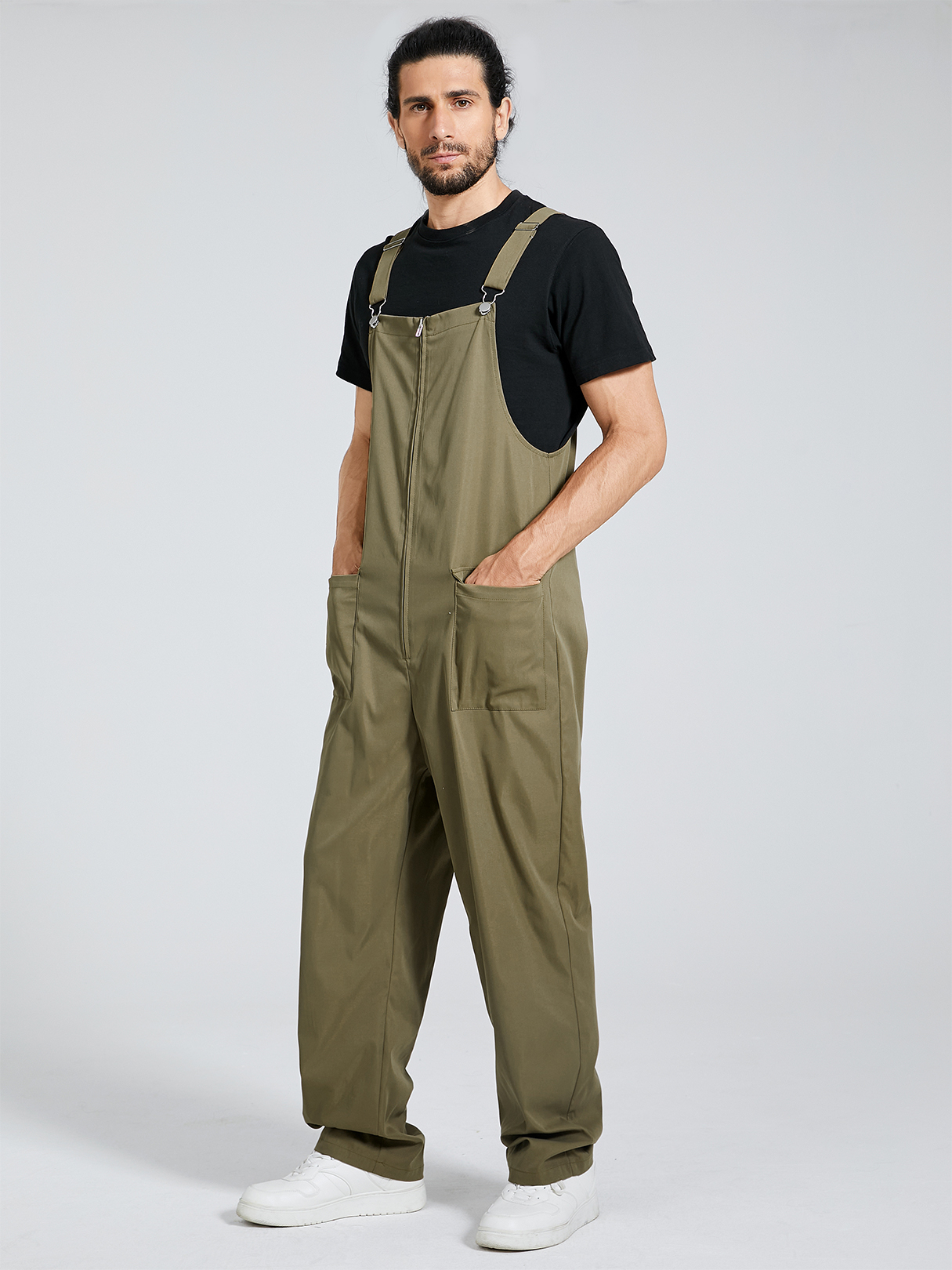 Men Casual Zip Front Sleeveless Bib Suspender Overalls Jumpsuit