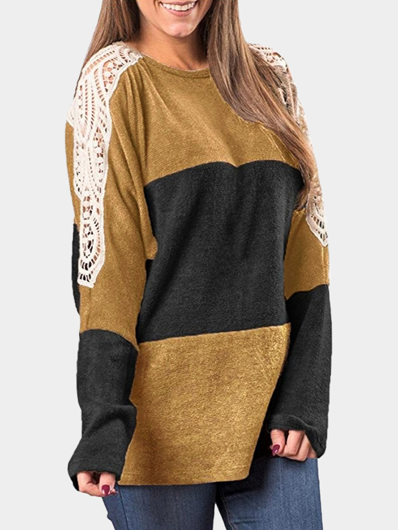 Black Lace Details Insert Design Round Neck Long Sleeves T-shirt