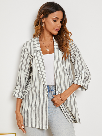 YOINS Grey Striped Notch Collar Adjustable Sleeves Blouse