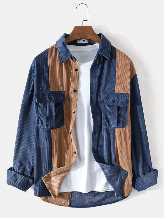 Newchic Men Corduroy Patchwork Double Pocket Shirts
