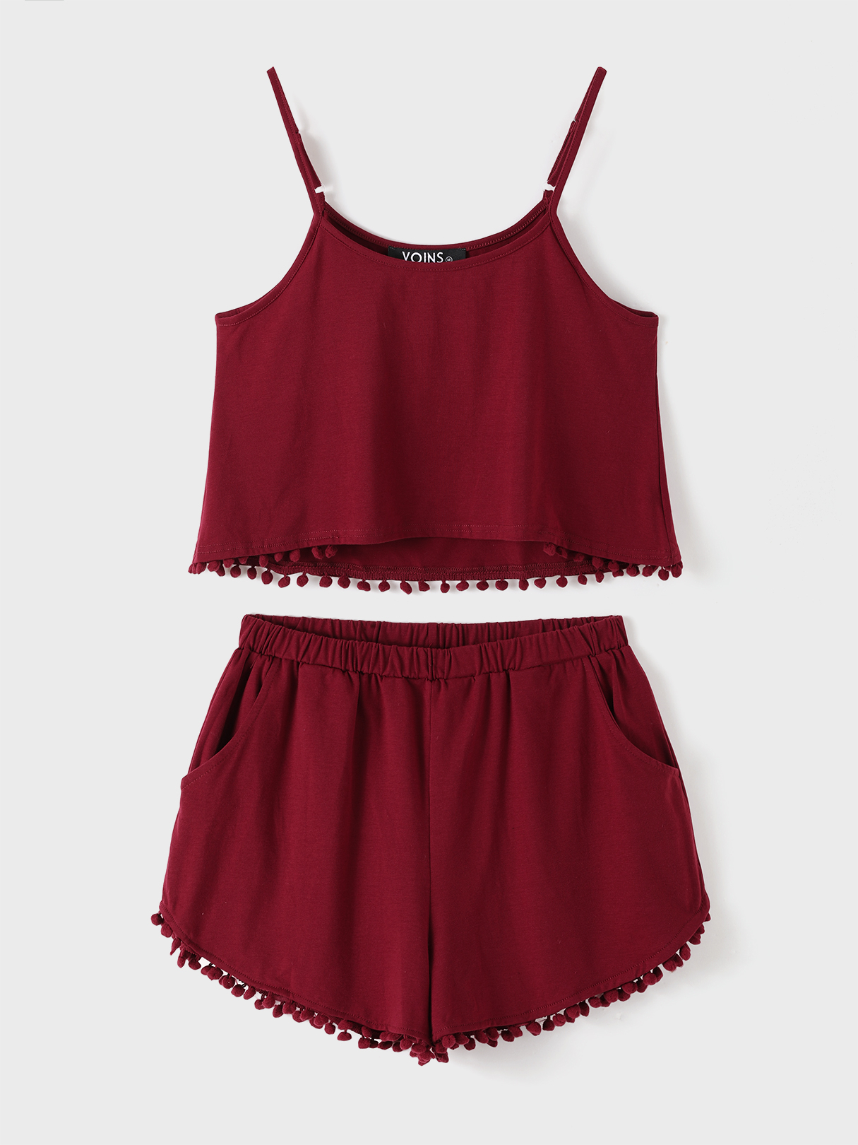 YOINS BASICS Burgundy Casual Sport Sleeveless Top and Elastic Waist Short Co-ord with Pom Pom Details