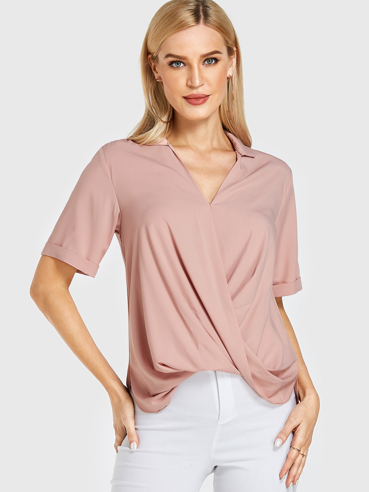 Pink Crossed Front Design V Neck Short Sleeves Blouse