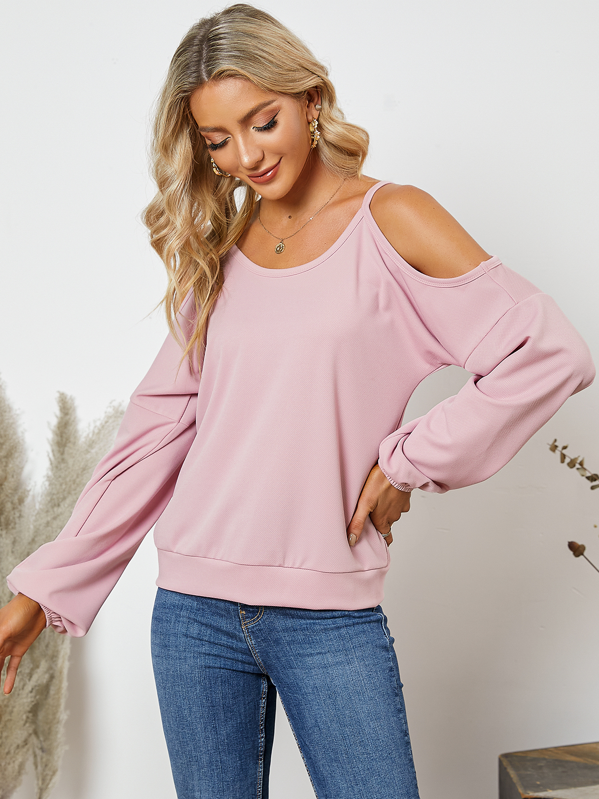 YOINS Pink Cut Out Cold Shoulder Backless Sweatshirt
