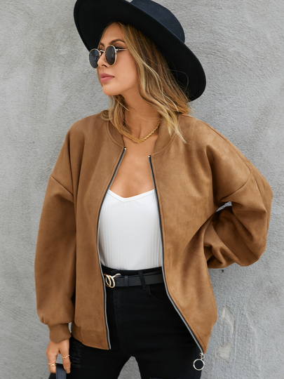 YOINS Brown Zip Front Long Sleeves Jacket
