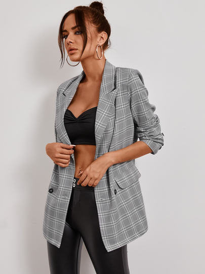 YOINS Grey Plaid Cufflinks Lapel Collar Long Sleeves Blazer