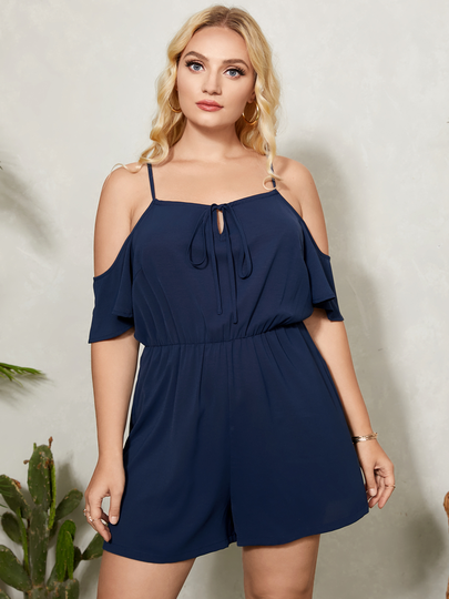 YOINS BASICS Plus Size Cold Shoulder Tie-up Design Half Sleeves Playsuit