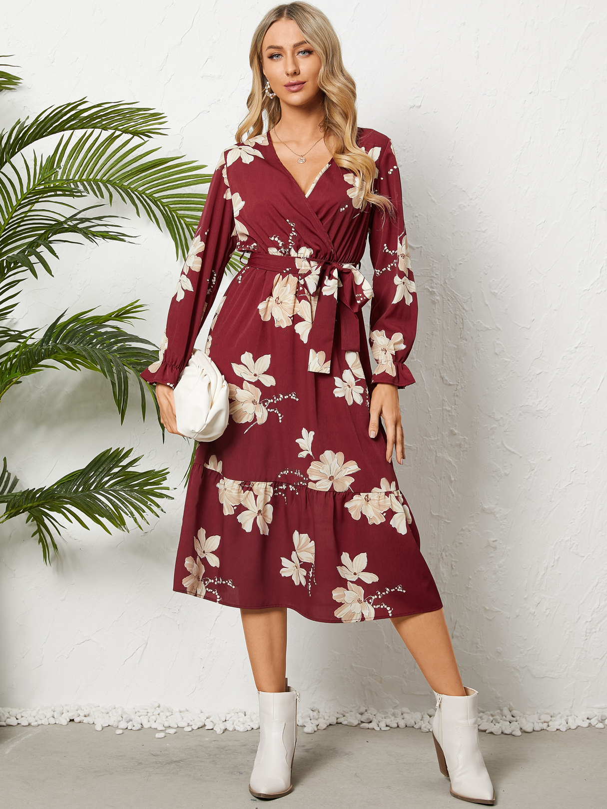YOINS Random Floral Print Belt Design V-neck Long Sleeves Midi Dress