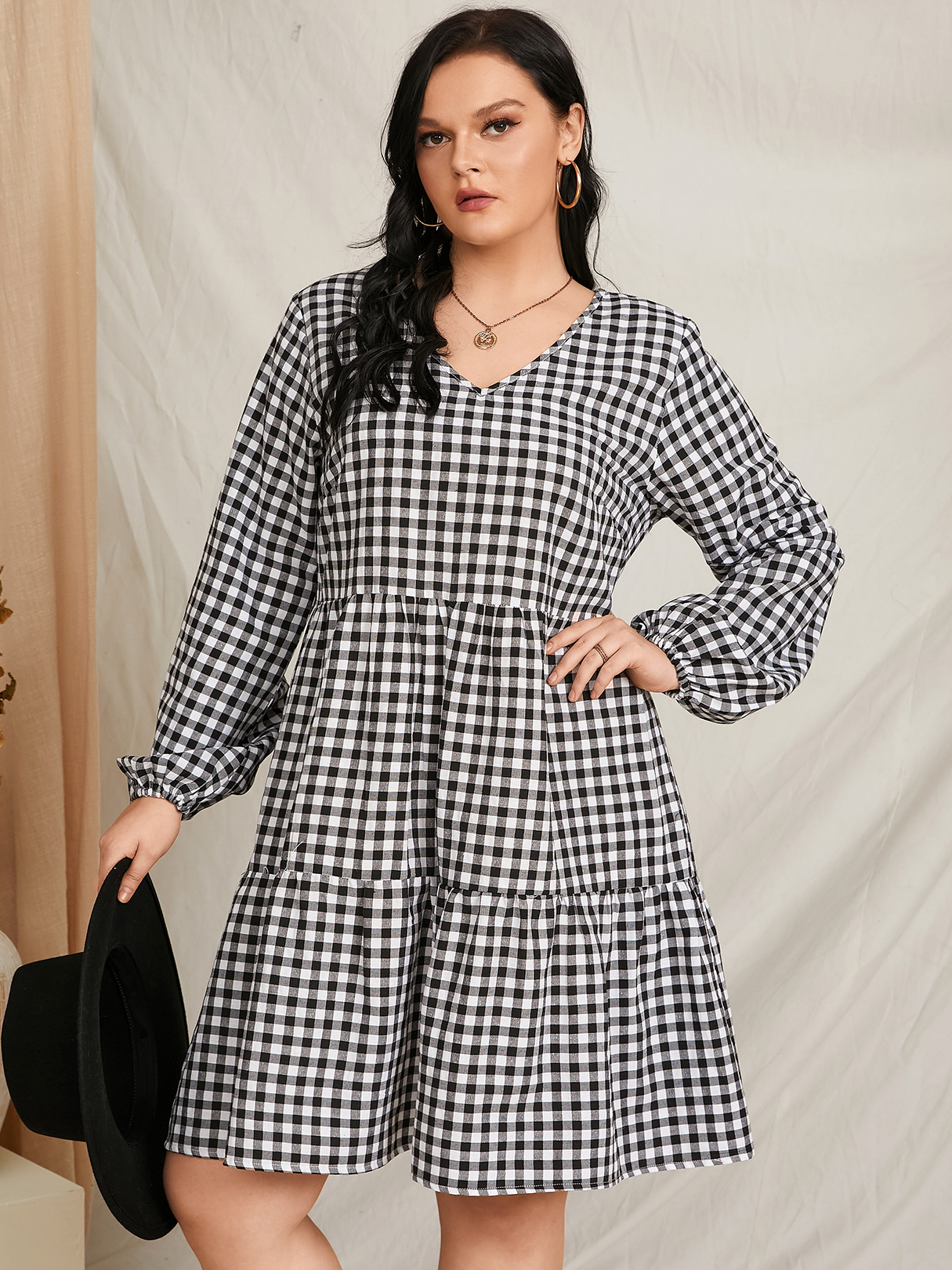 YOINS Plus Size V-neck Plaid Long Sleeves Dress