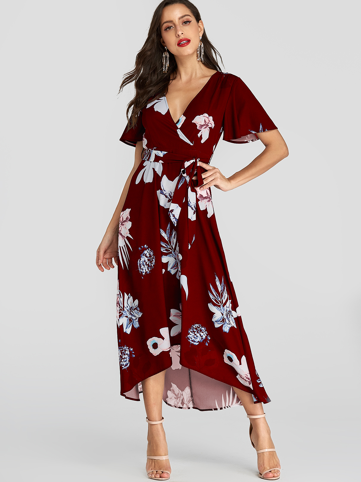 YOINS Burgundy Random Floral Print Belt Design V-neck Short Sleeves Dress