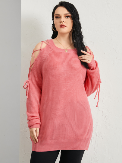 Plus Size Cold Shoulder Lace-Up Design Long Sleeves Sweater