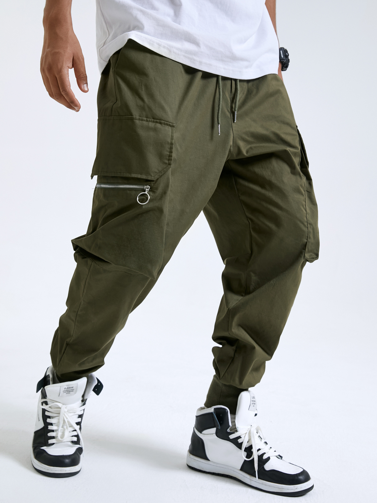 Men Fashion 100% Cotton Multi-Pockets Drawstring Waist Cargo Pants