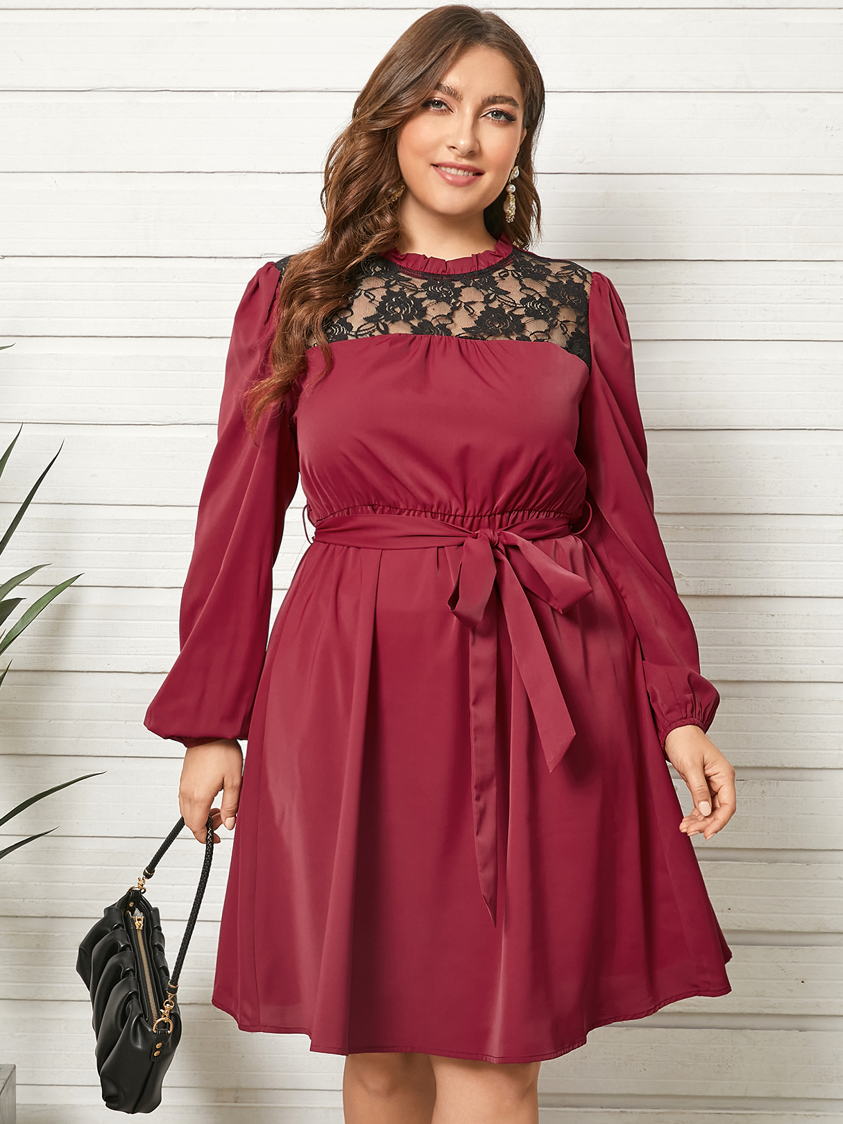 YOINS Plus Size Belt Design Lettuce-Edge Patchwork Design Long Sleeves Dress