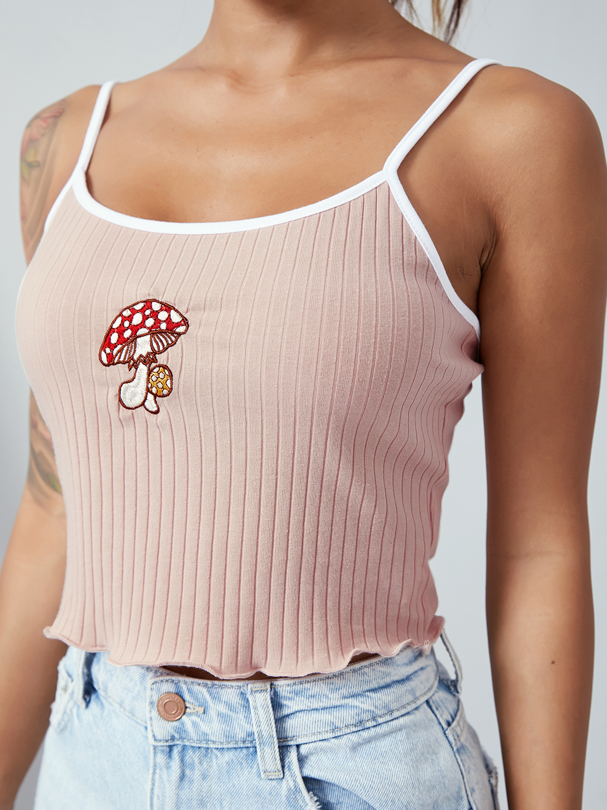YOINS Mushroom Pattern Embroidery Lettuce-edge Sleeveless Cami