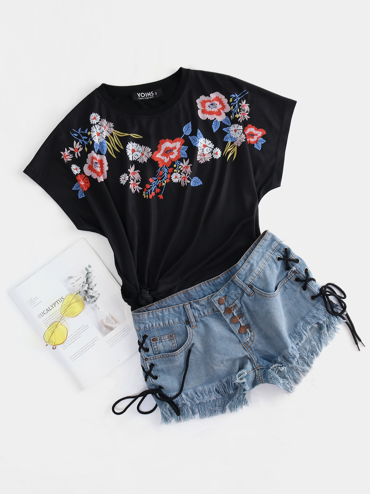 YOINS Black Embroidered Tribal Print Round Neck Bat Sleeves Tee