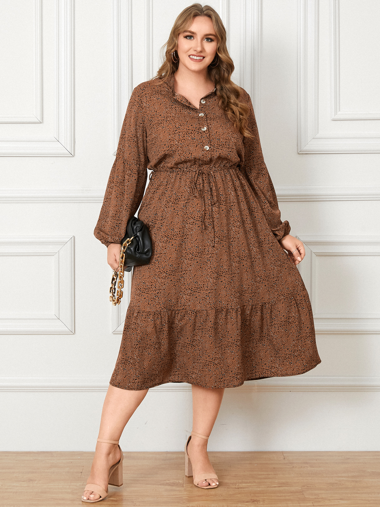 YOINS Plus Size Leopard Belt Design Front Button Long Sleeves Dress