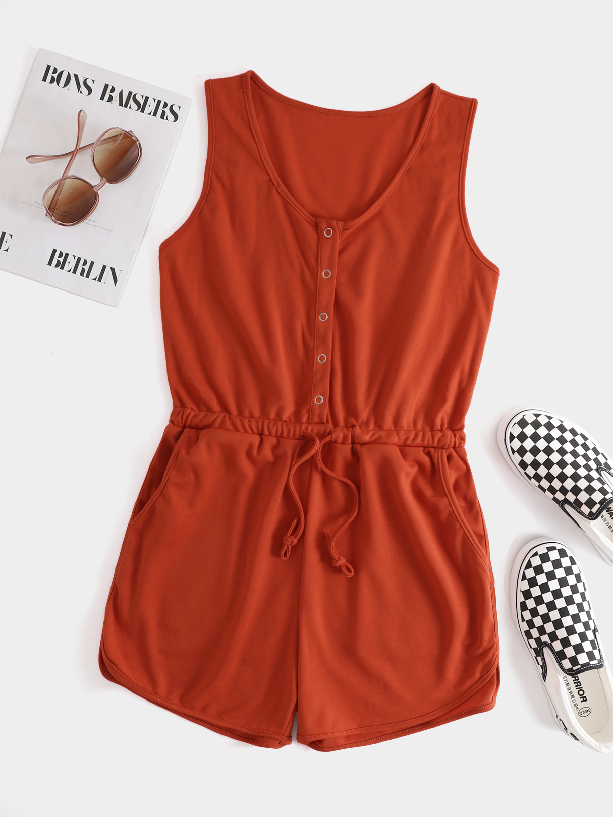 YOINS Round Neck Front Button Side Pocket Sleeveless Playsuits