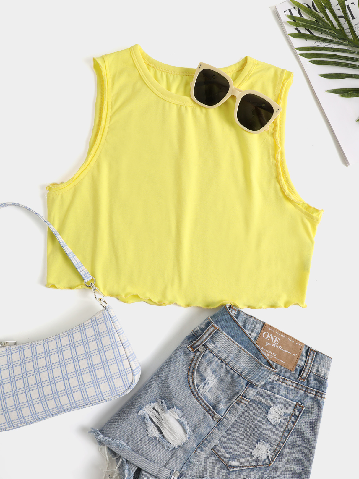 YOINS Lettuce-edge Crew Neck Sleeveless Tank Top