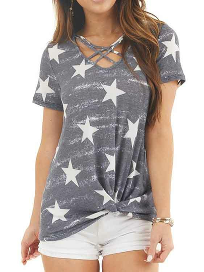 YOINS Grey Star Criss-cross V-neck Short Sleeves Tee