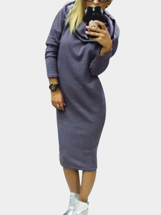 Grey Long Sleeves Hooded Midi Jumper Dress