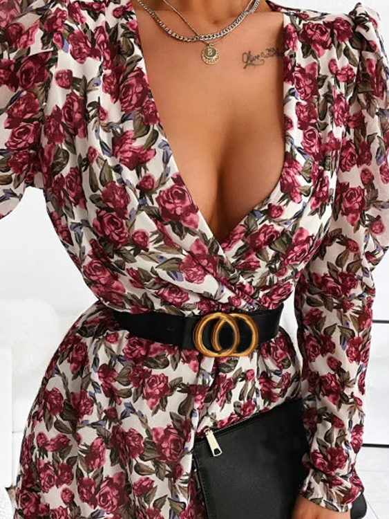 YOINS Wrap Random Floral Print V-neck Long Sleeves Dress