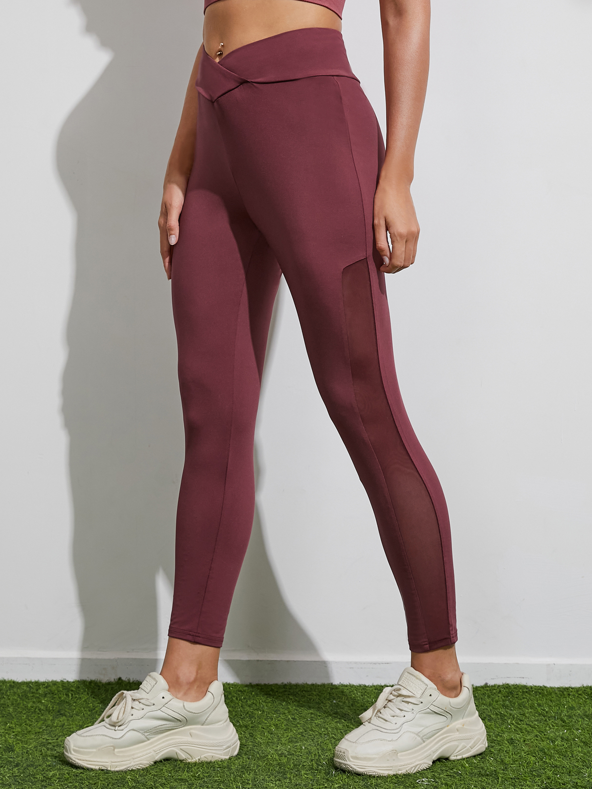 YOINS Burgundy Mesh Patchwork Super Stretch Leggings