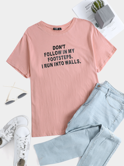 Plus Size Crew Neck Letter Short Sleeves Tee