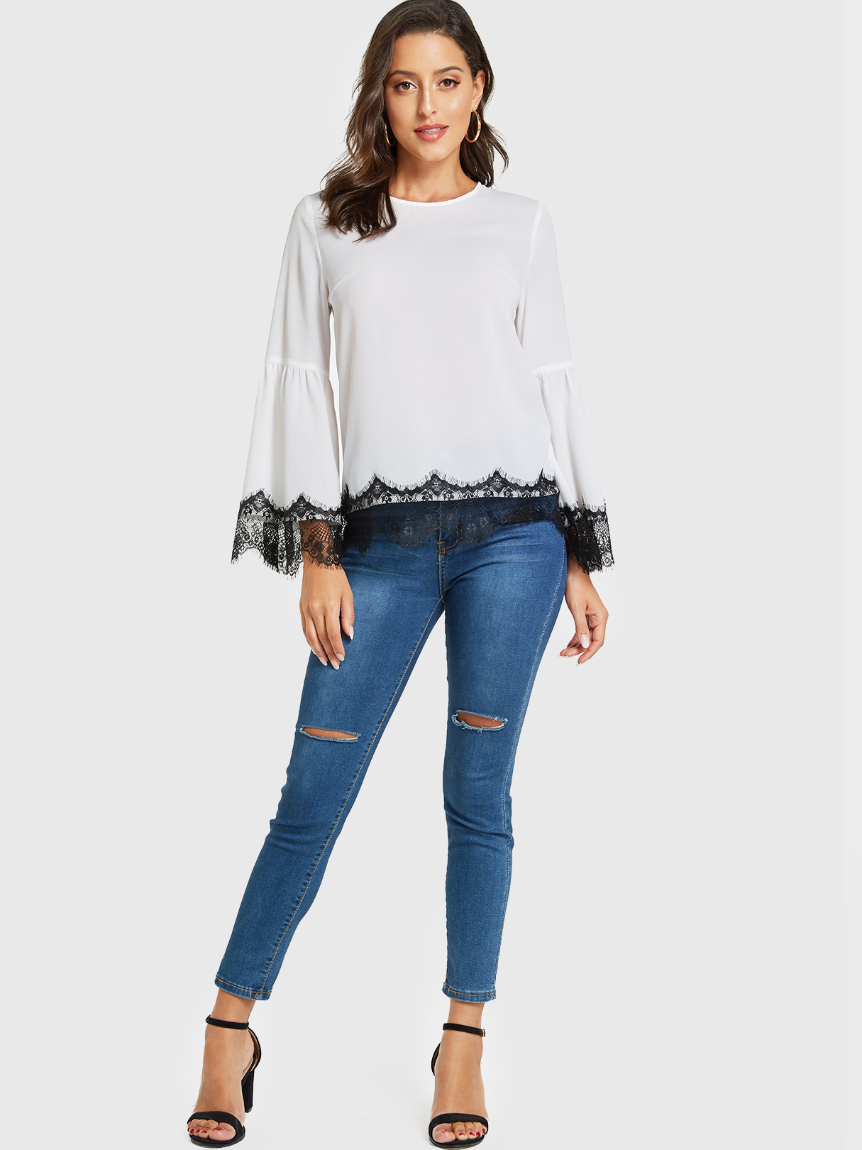 YOINS White Lace Hem Round Neck Long Sleeves Blouse