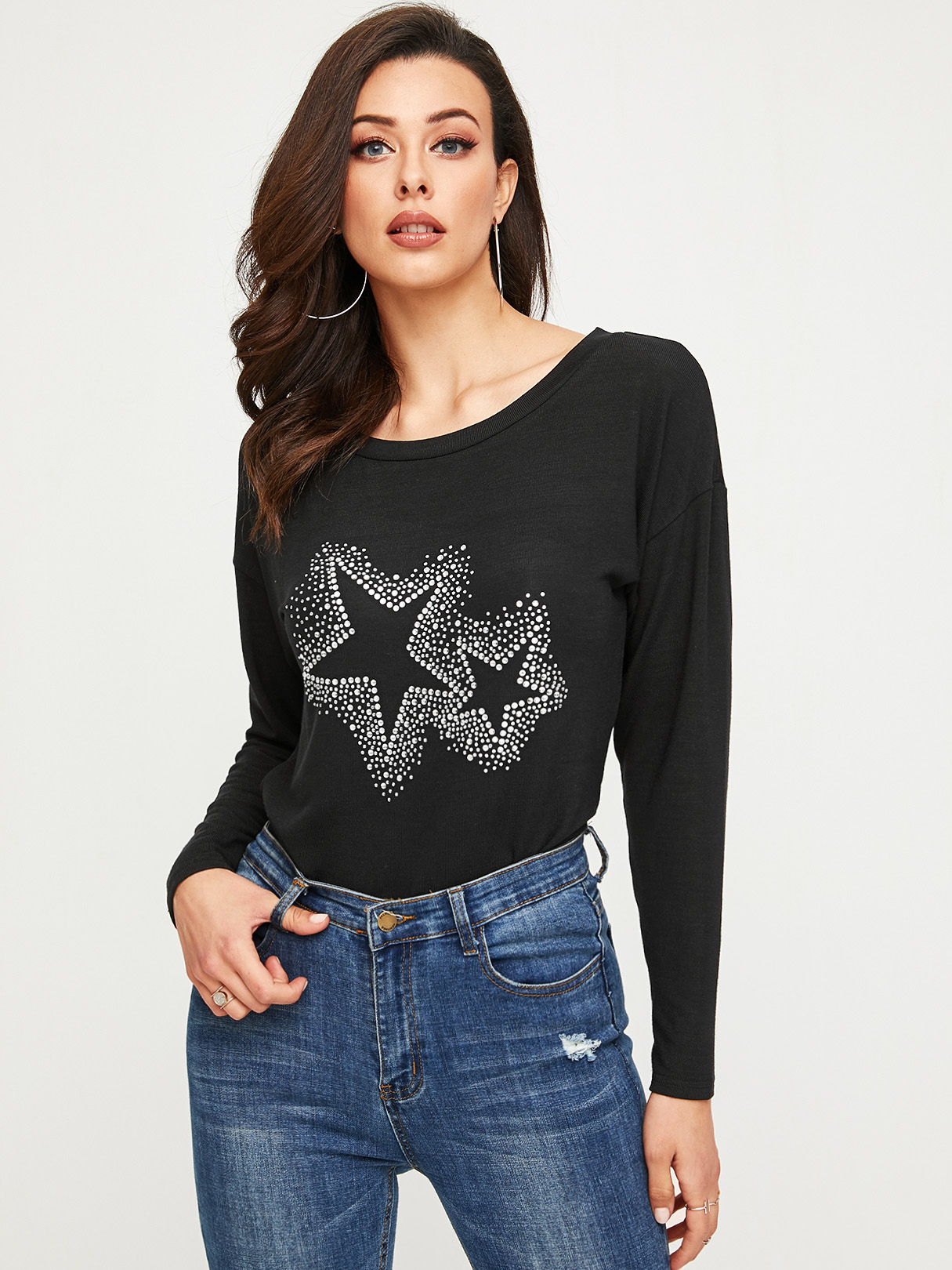 YOINS Black Graphic Round Neck Long Sleeves Tee
