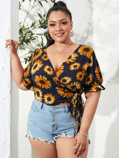 Plus Size Deep V Neck Floral Print Wrap Design Short Sleeves Blouse