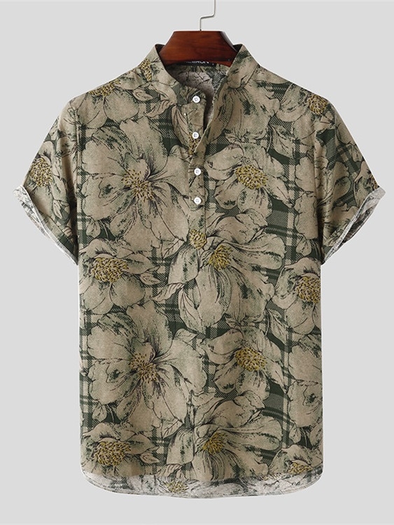 INCERUN Men Stand Collar Holiday All Over Print Shirt