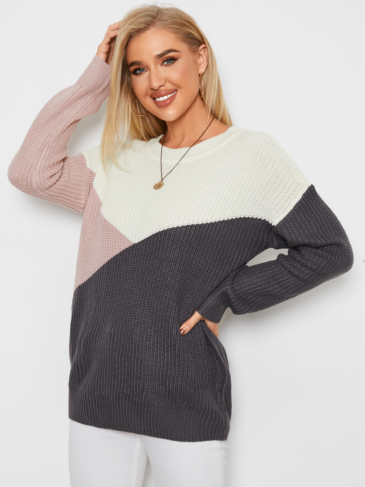 YOINS Multicolor Patchwork Design Crew Neck Sweater