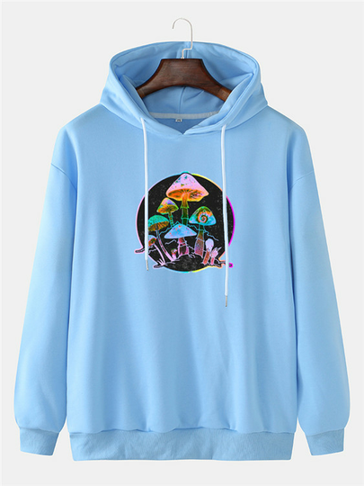 Men Cartoon Mushroom Print Drawstring Long Sleeve Hoodie