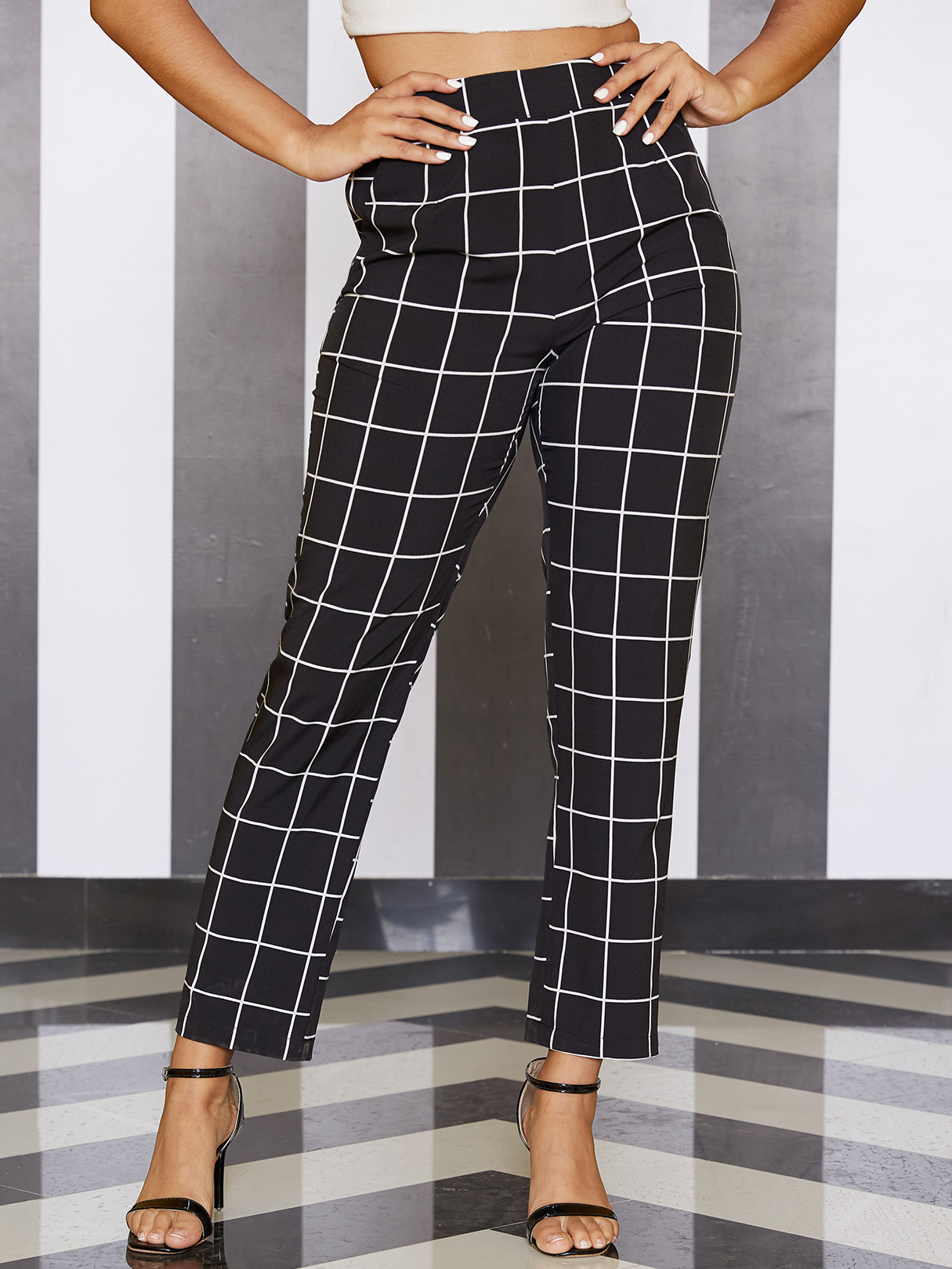YOINS Black Elastic Strap Grid High-Waisted Pants