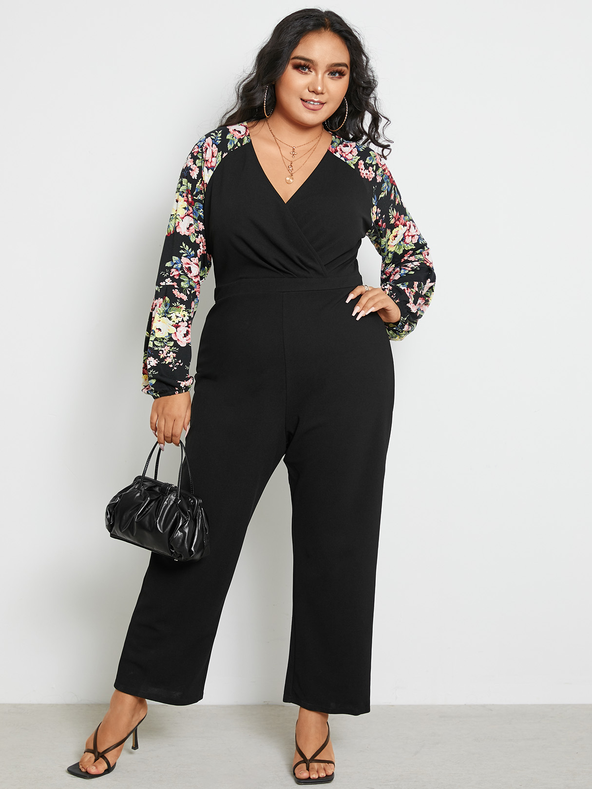 YOINS Plus Size V-neck Floral Print Wide Leg Wrap Design Long Sleeves Jumpsuit