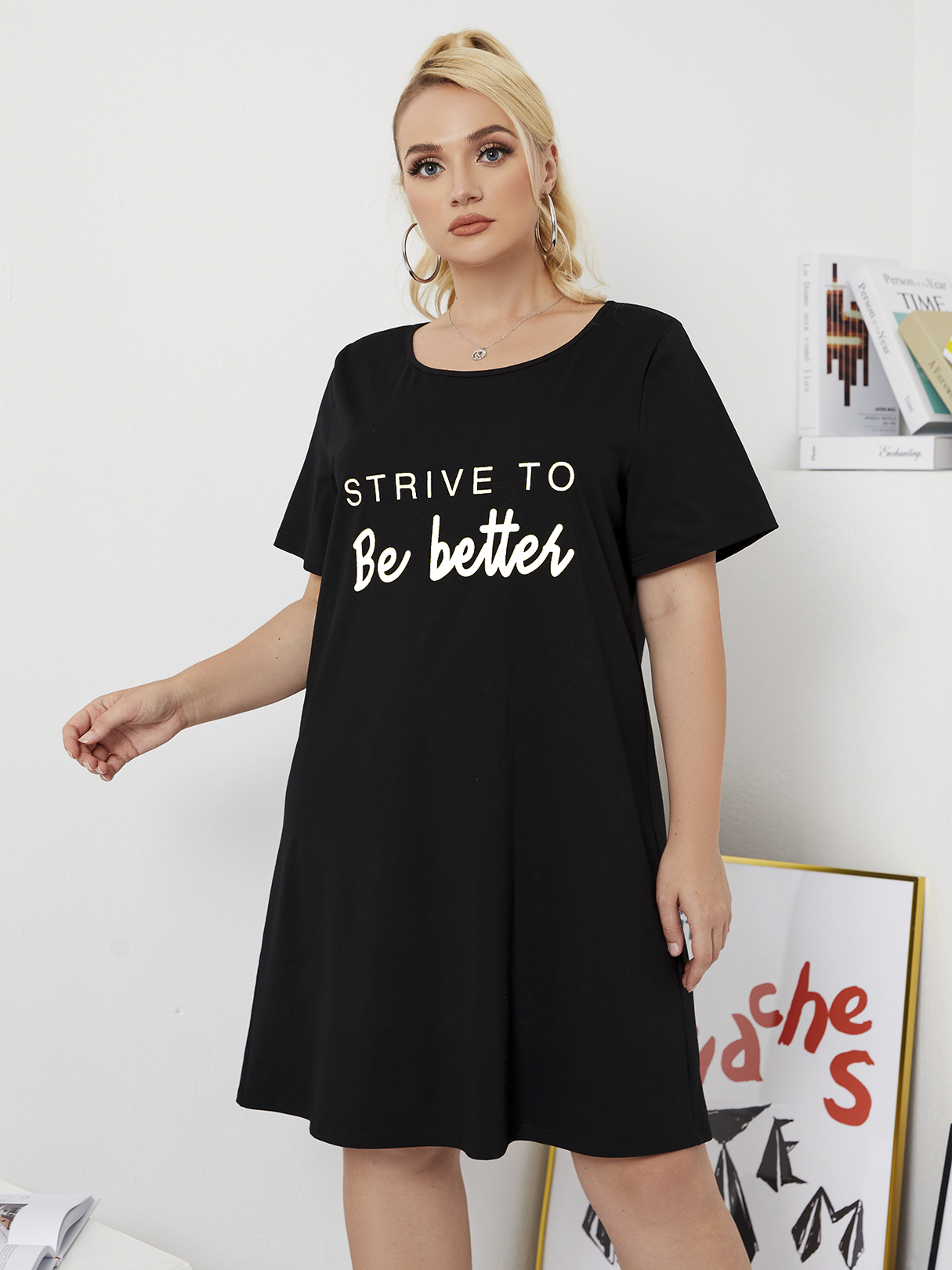 YOINS Plus Size Round Neck Letter Short Sleeves T-shirt Dress