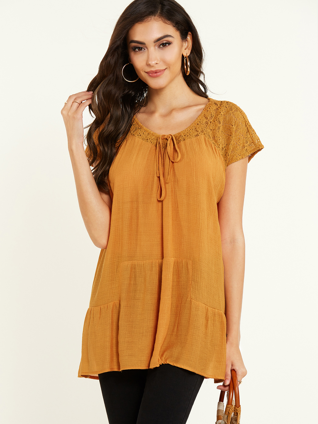 YOINS Yellow Ruched Lace Round Neck Short Sleeves Blouse