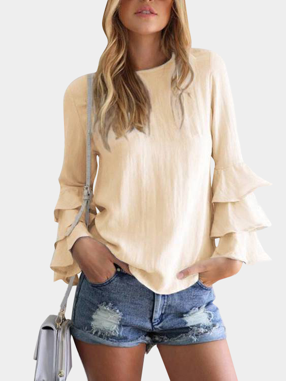 Yellow Round Neck Flared Sleeves Blouse