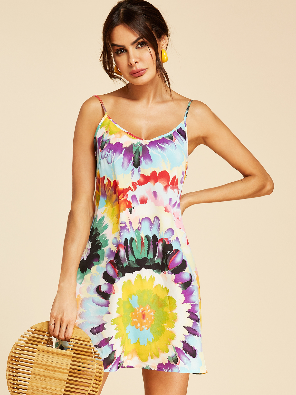 YOINS Color Block Backless Design Printed V-neck Sleeveless Dress