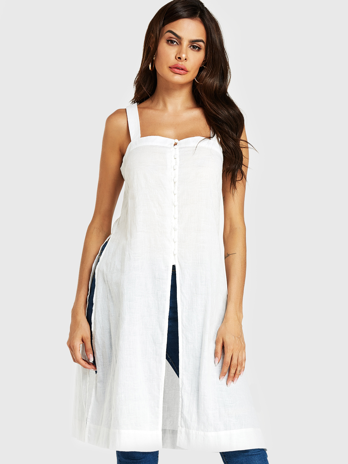 YOINS White Slit Design Embroidered Square Neck Sleeveless Cami