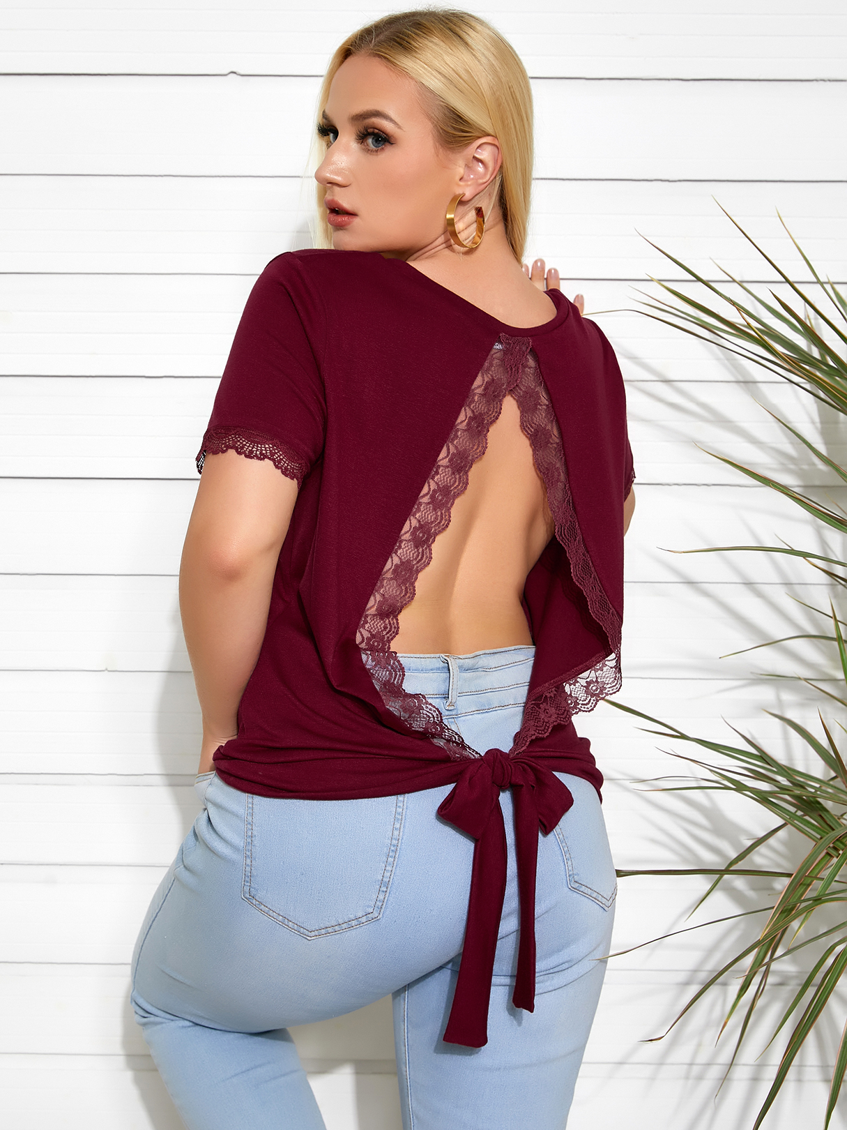 YOINS Plus Size Round Neck Lace Patchwork Design Short Sleeves Tee