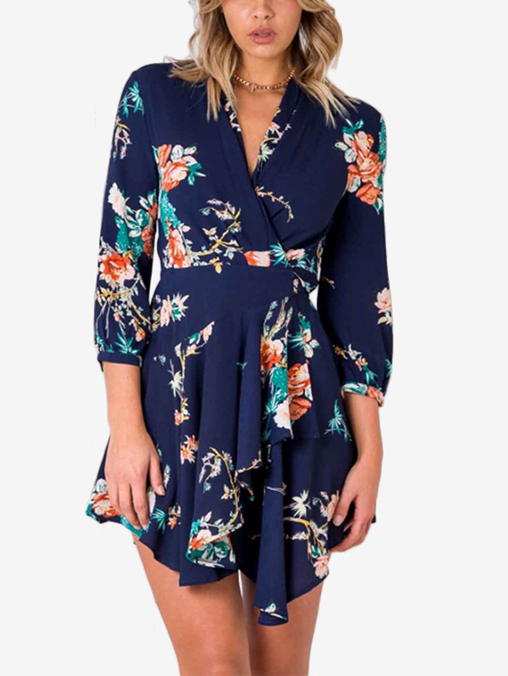 Navy Self-tie Design Random Floral Print V-neck Mini Dress