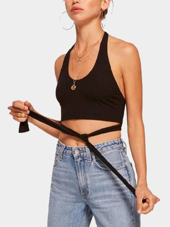 Active Cut Out Stripe Pattern Halterneck Backless Design Tank In Black